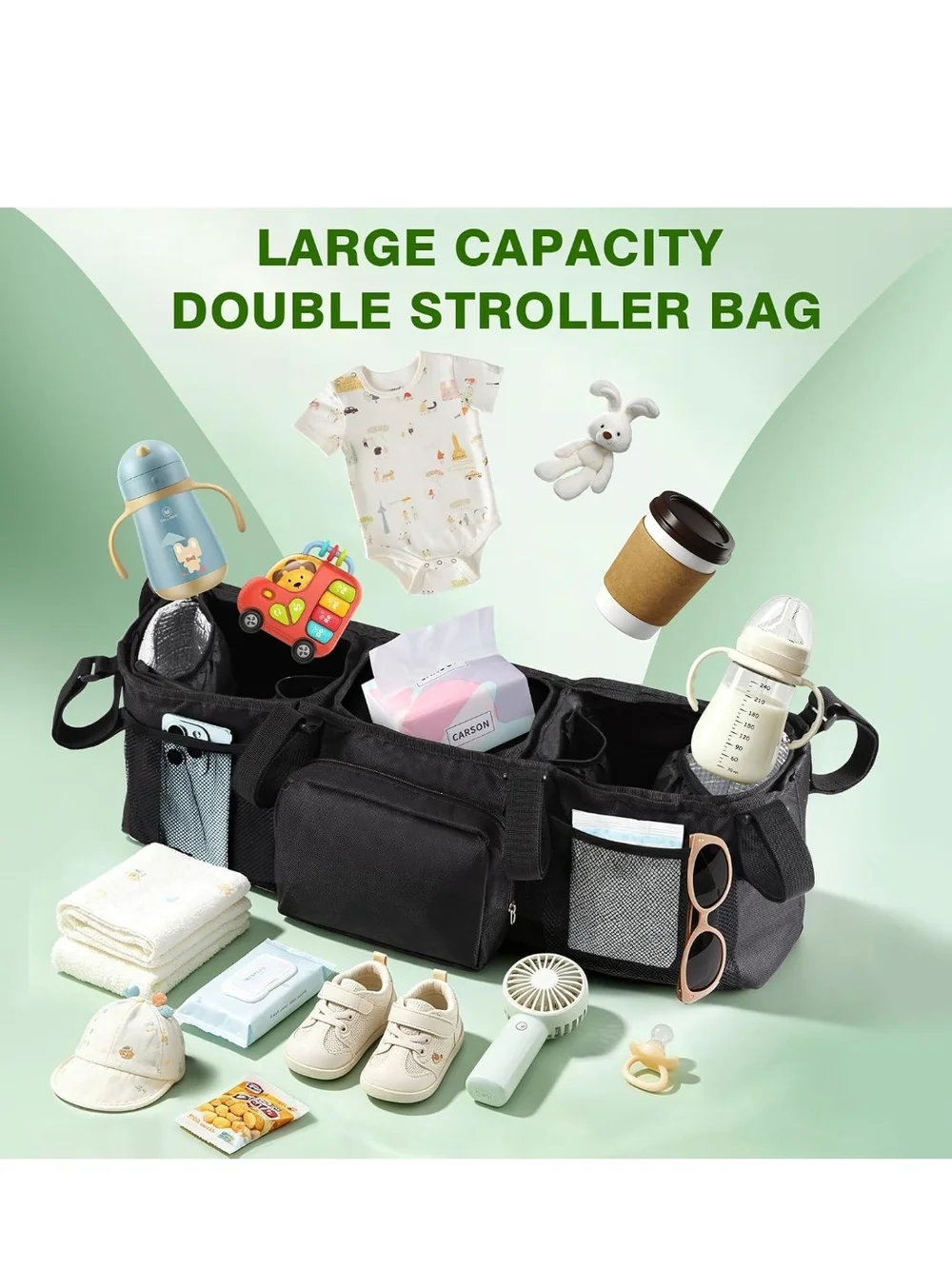 Black Twin Stroller Organizer Caddy - Universal Multi-Pocket Storage